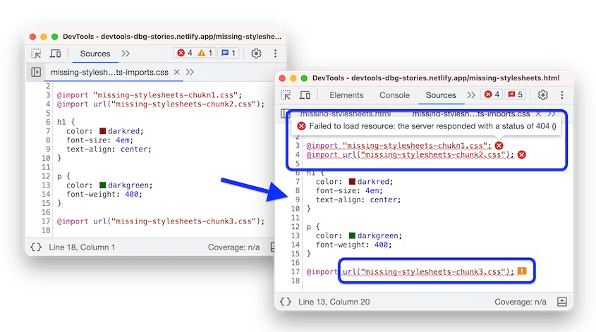 Underlined statements with tooltips in the Sources panel